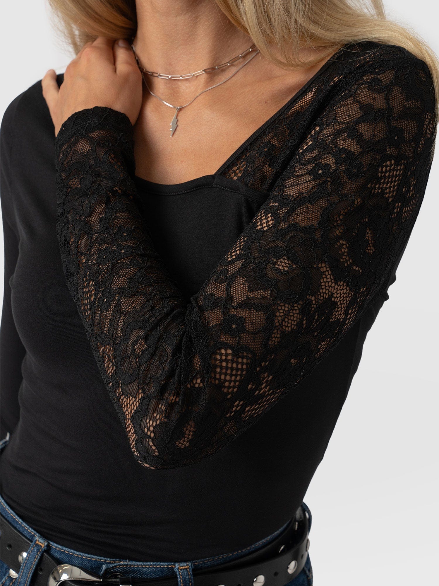Aimee Cut Out Long Sleeve Tee - Black Lace - Image 5