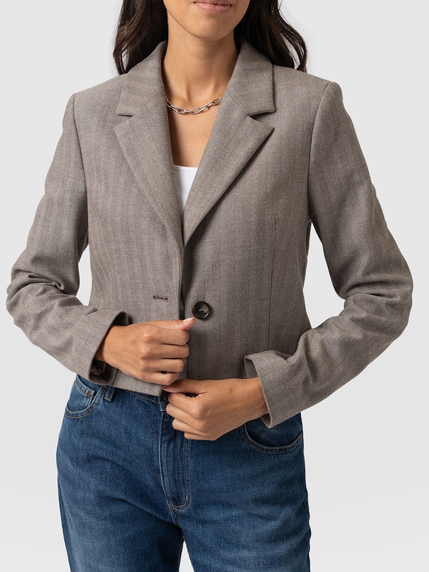 Astrid Cropped Blazer - Brown Herringbone - Image 3