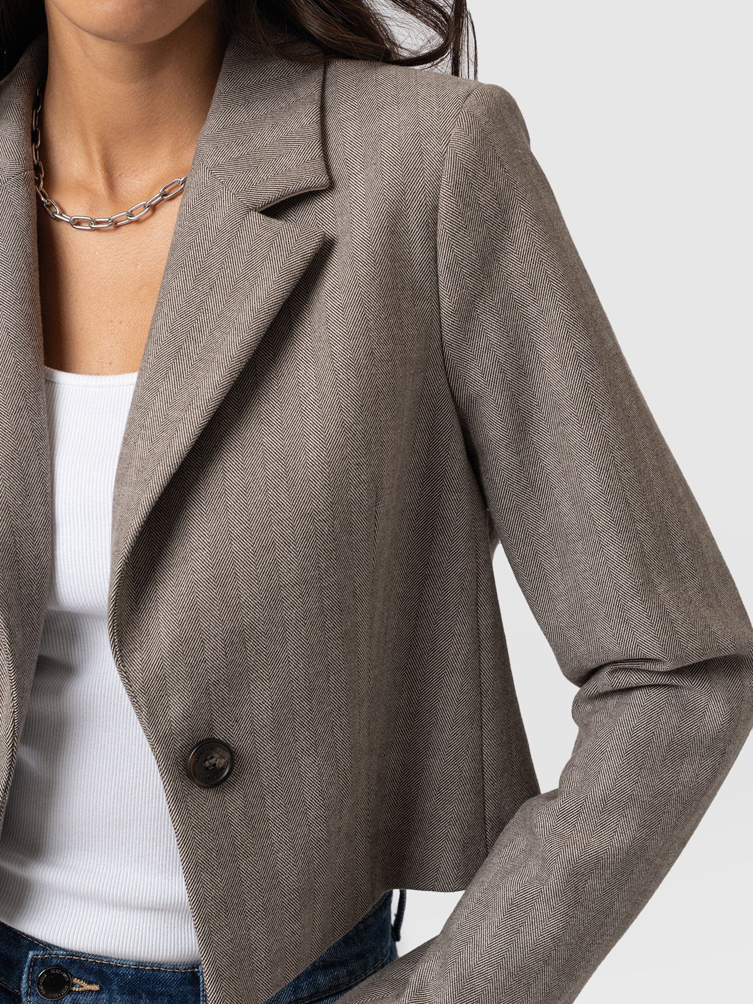Astrid Cropped Blazer - Brown Herringbone - Image 5