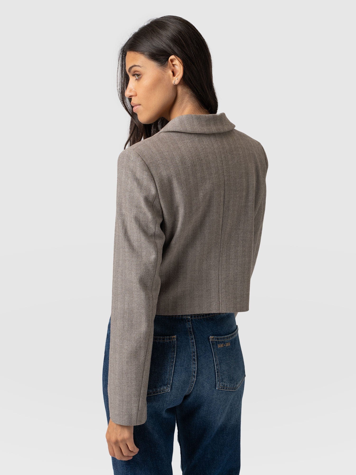 Astrid Cropped Blazer - Brown Herringbone - Image 6