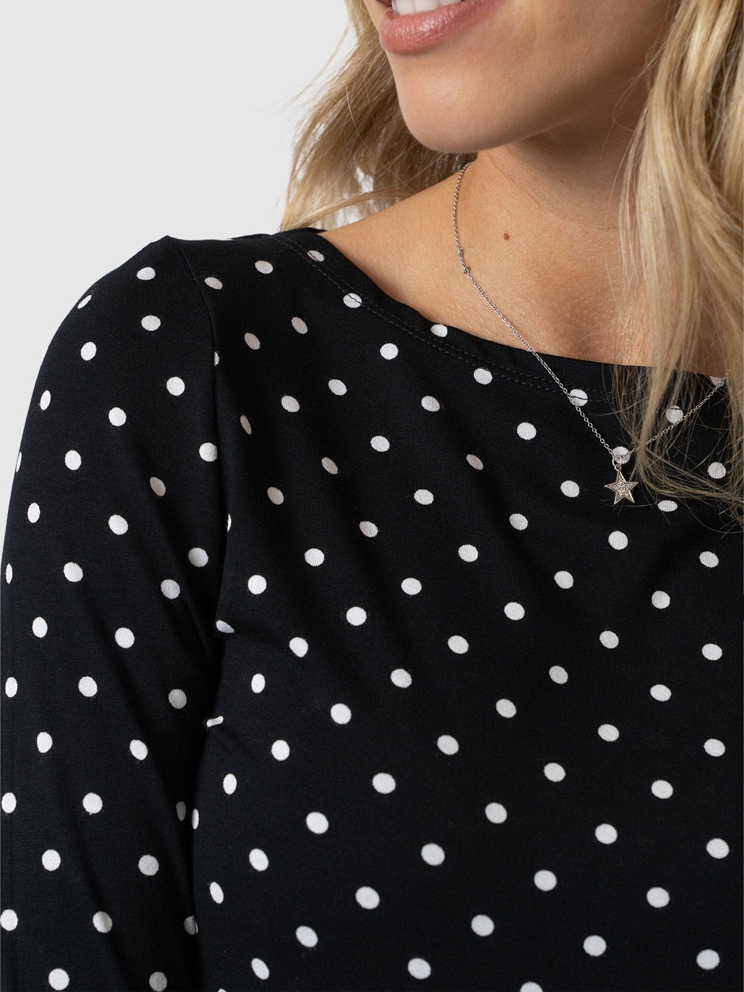 Austen Boat Neck Long Sleeve Tee - Black Polka Dot - Image 5