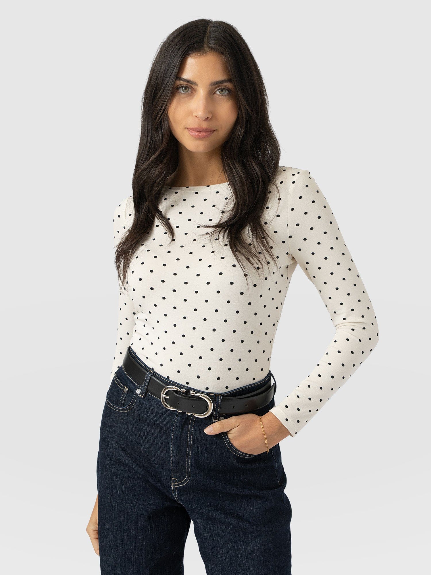 Austen Boat Neck Long Sleeve Tee - Cream Polka Dot - Image 3