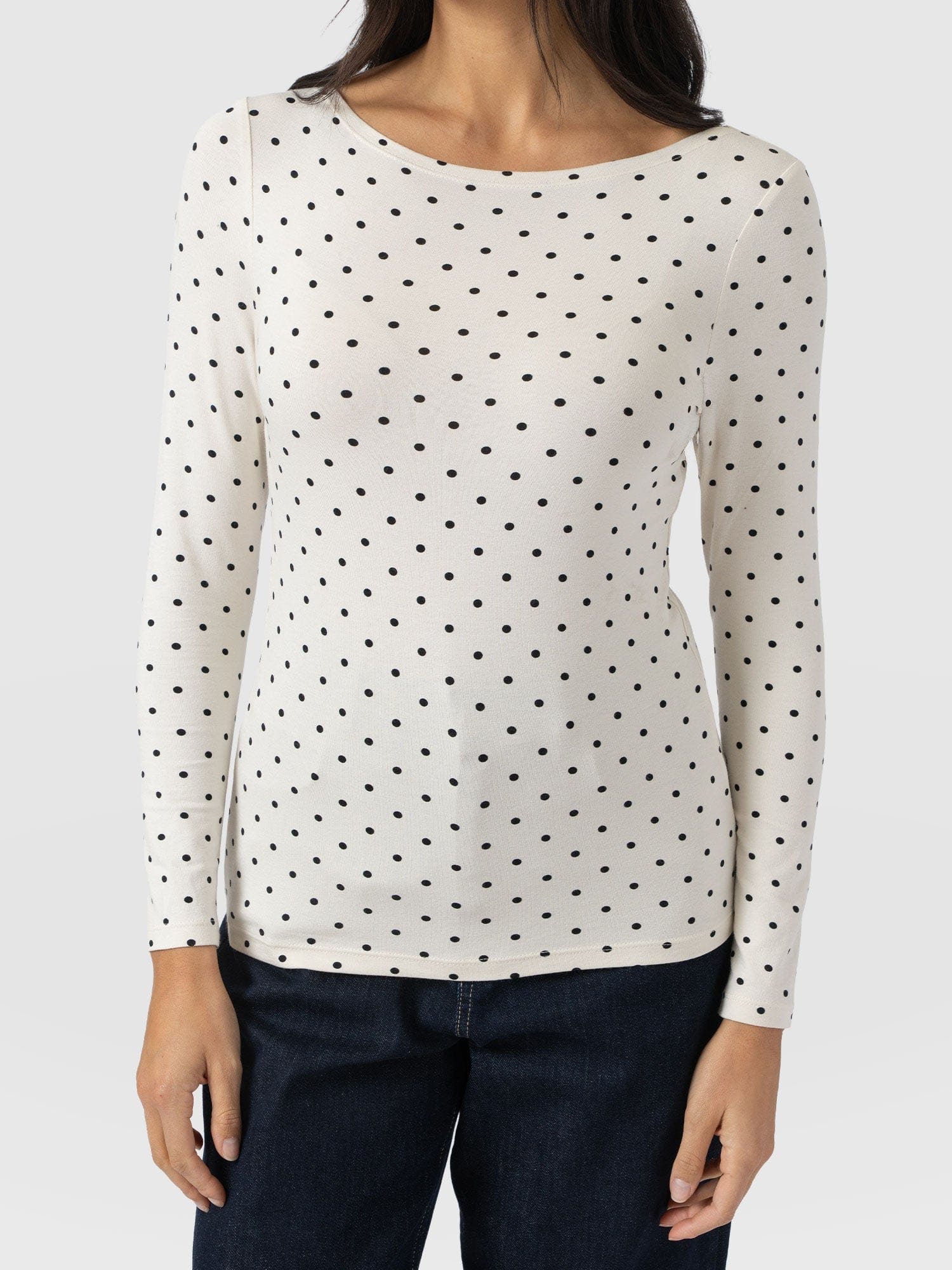 Austen Boat Neck Long Sleeve Tee - Cream Polka Dot - Image 4