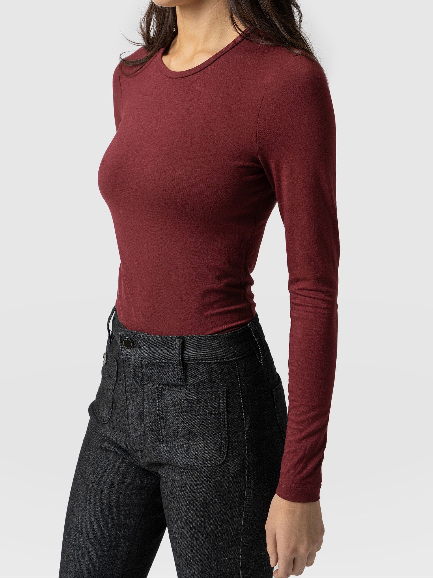 Austen Crew Neck Long Sleeve Tee - Burgundy - Image 3