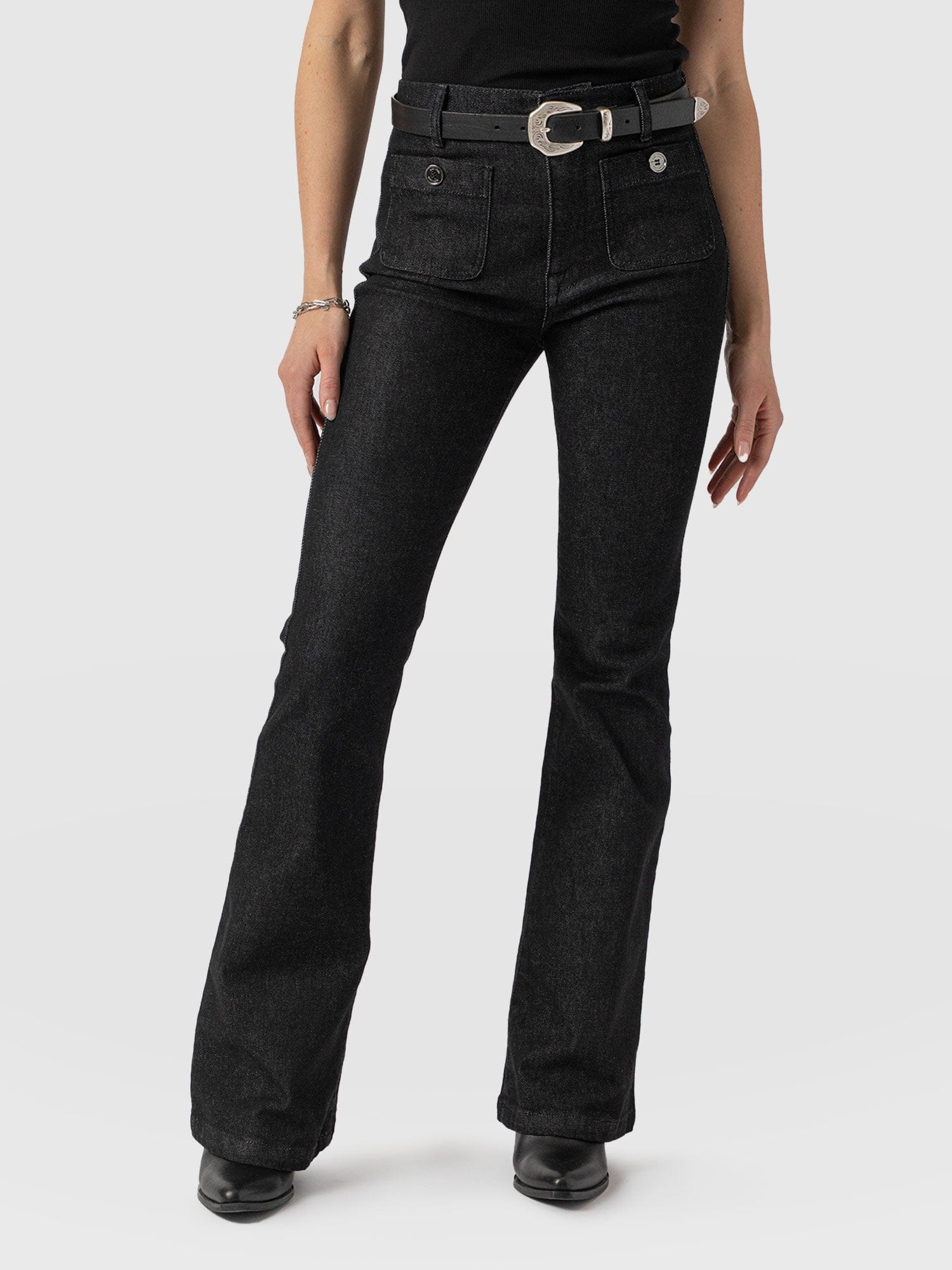 Bowie Stretch Flare Jeans - Black Wash - Image 4