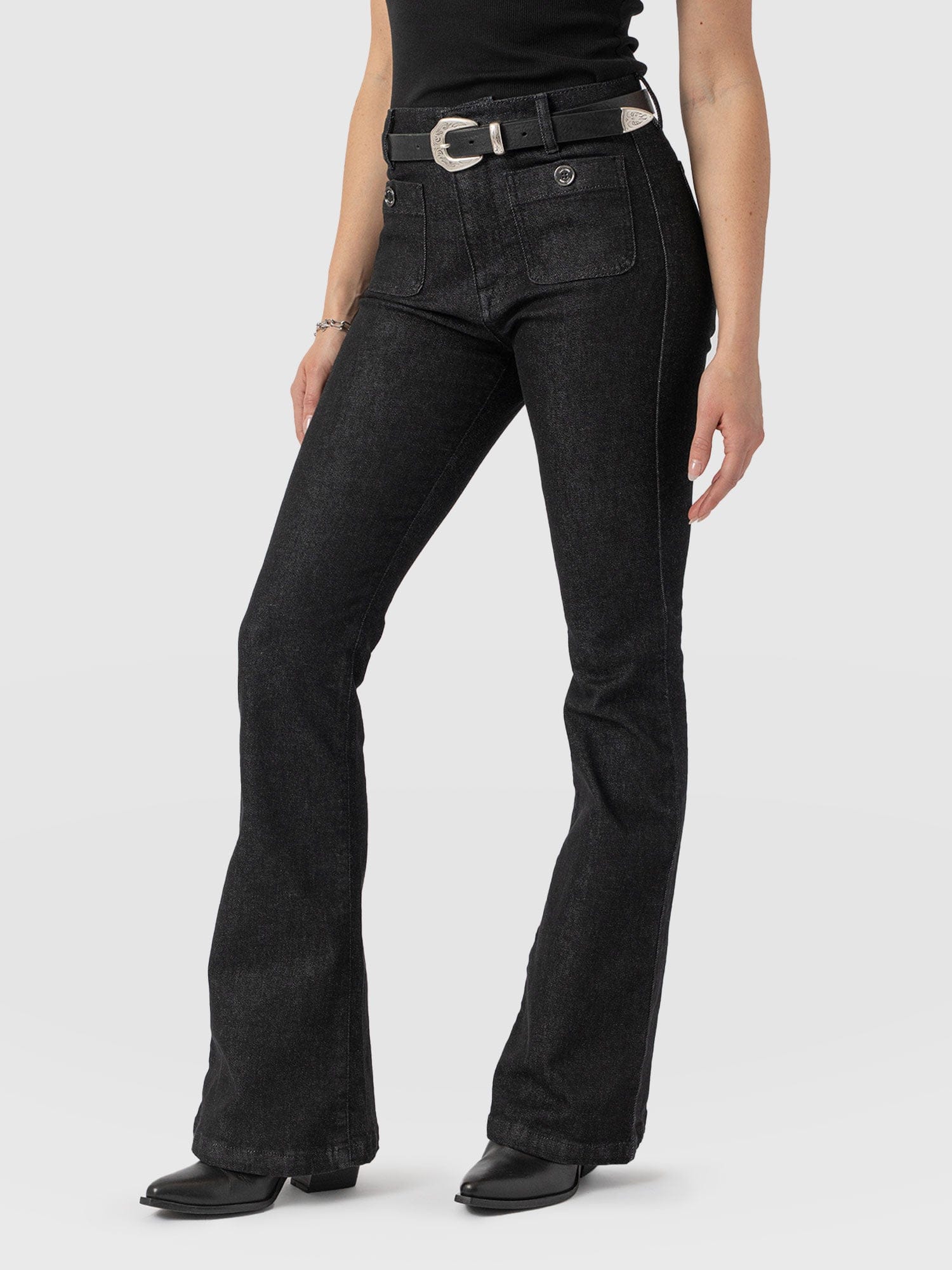 Bowie Stretch Flare Jeans - Black Wash - Image 5