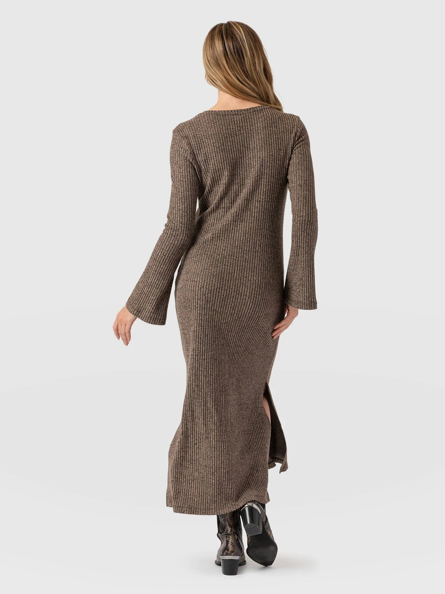 Callie Fluted Midi Dress - Beige - Image 6