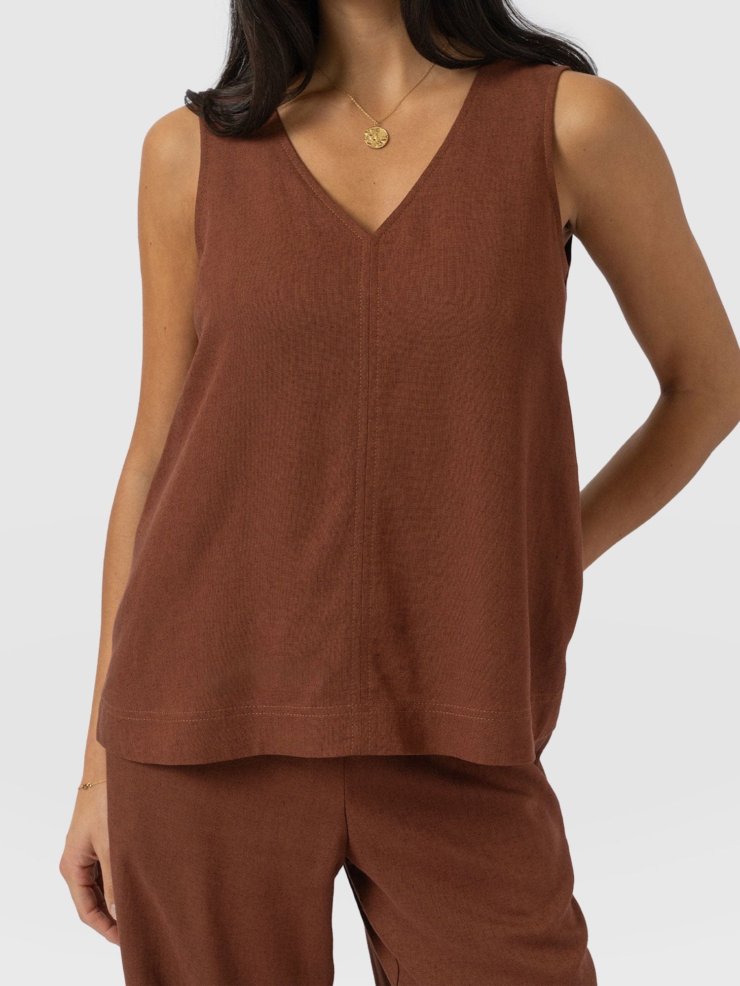 Corinne Linen V Neck Tunic - Russet Brown - Image 3
