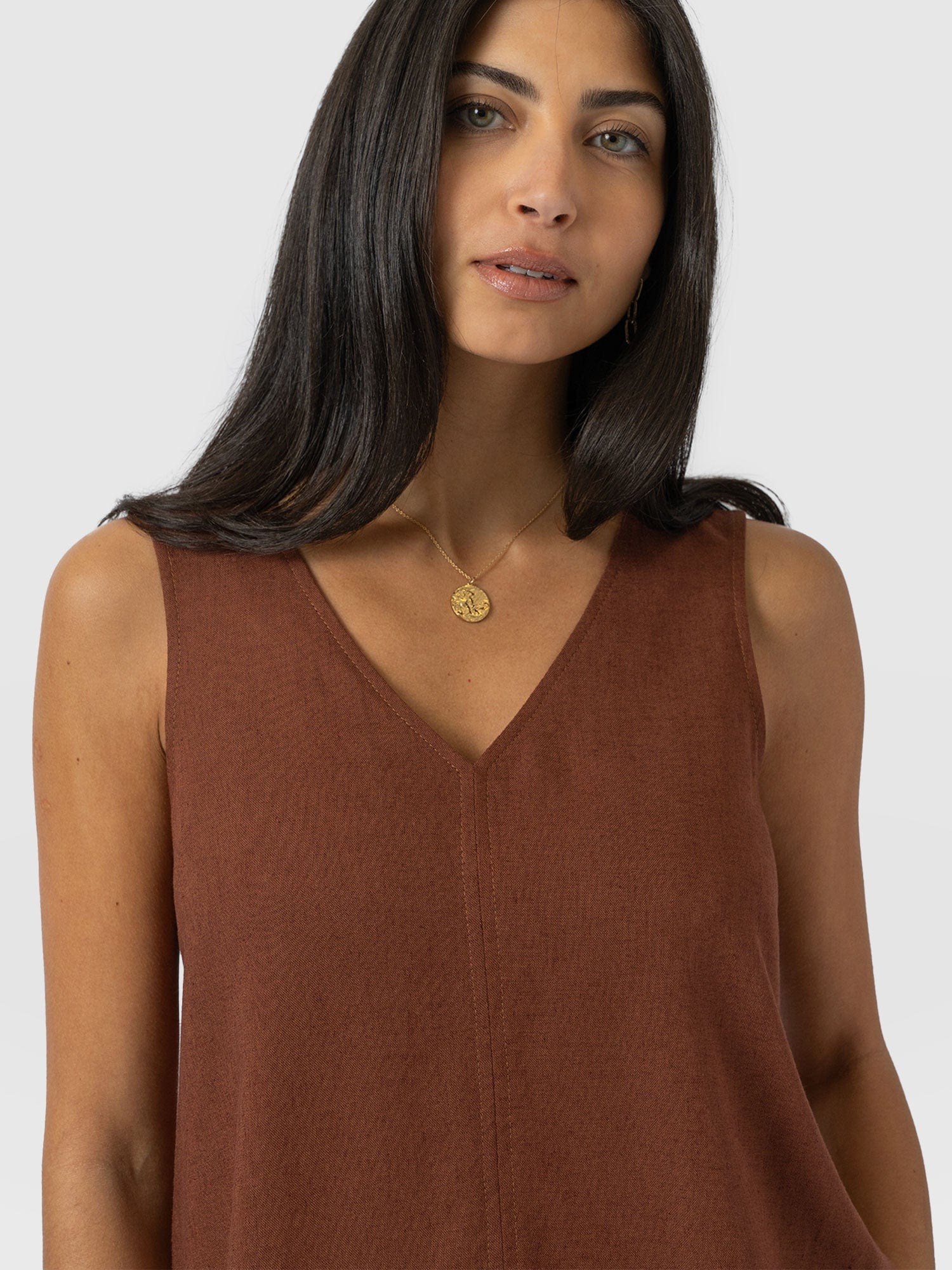 Corinne Linen V Neck Tunic - Russet Brown - Image 4