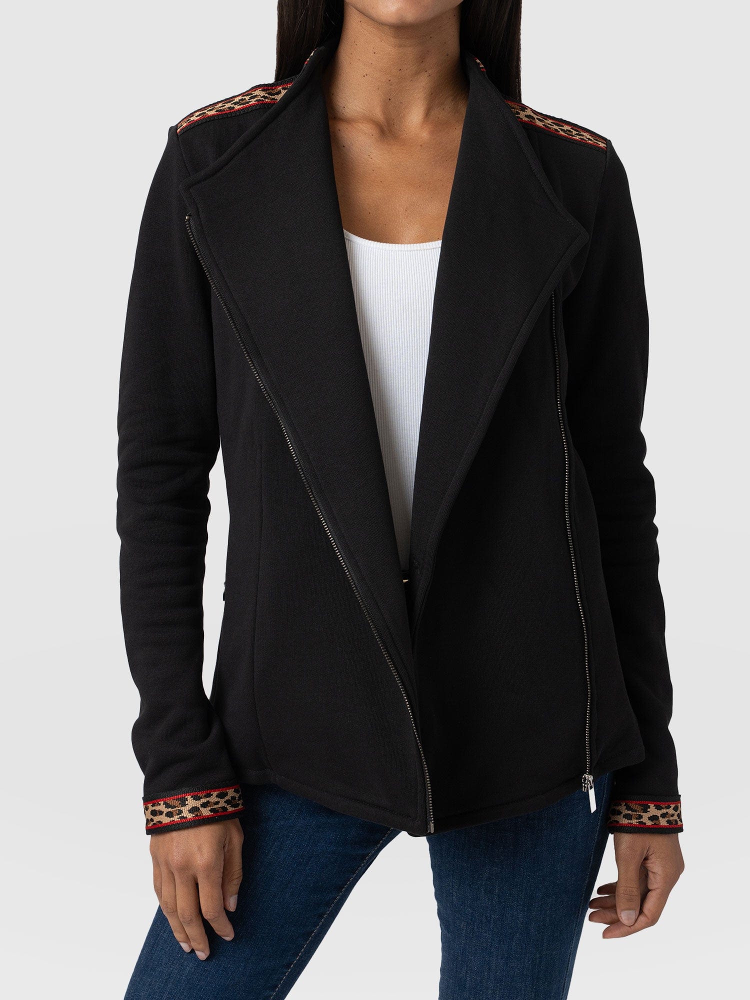 Cotton Biker Jacket - Leopard Trim - Image 3