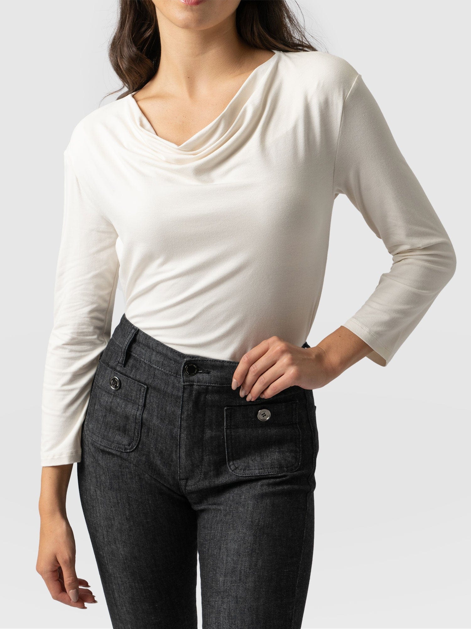 Cowl Neck Tee Long Sleeve - Cream - Image 3
