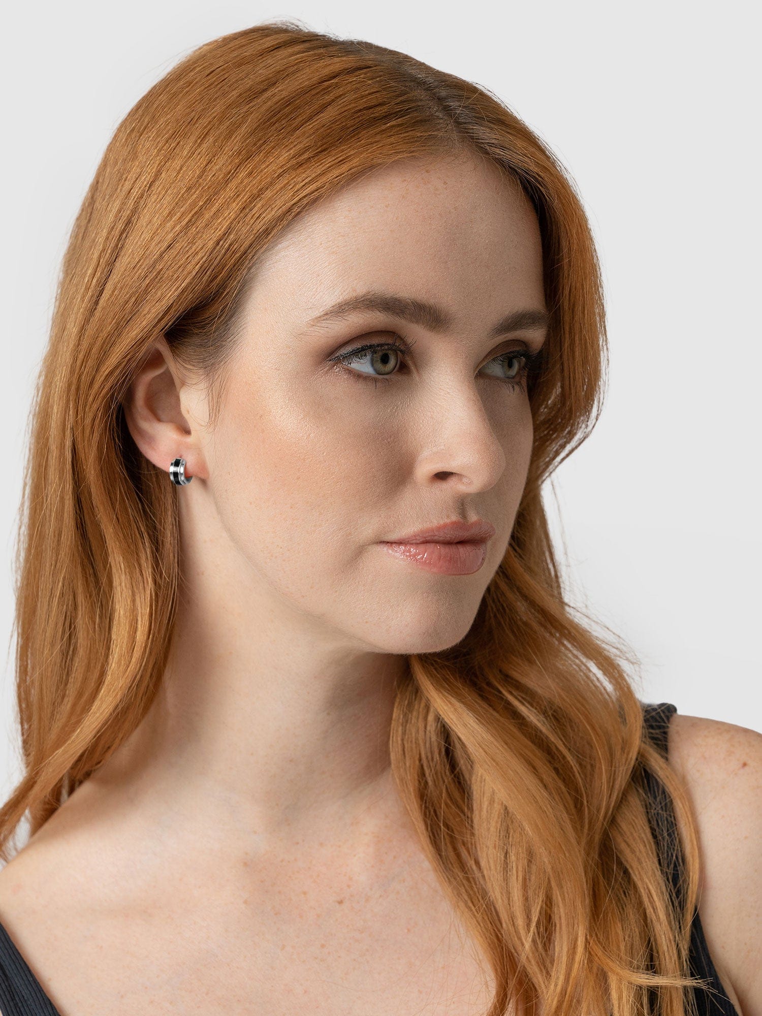 Enamel Stripe Huggie Earrings - Silver/Black - Image 3