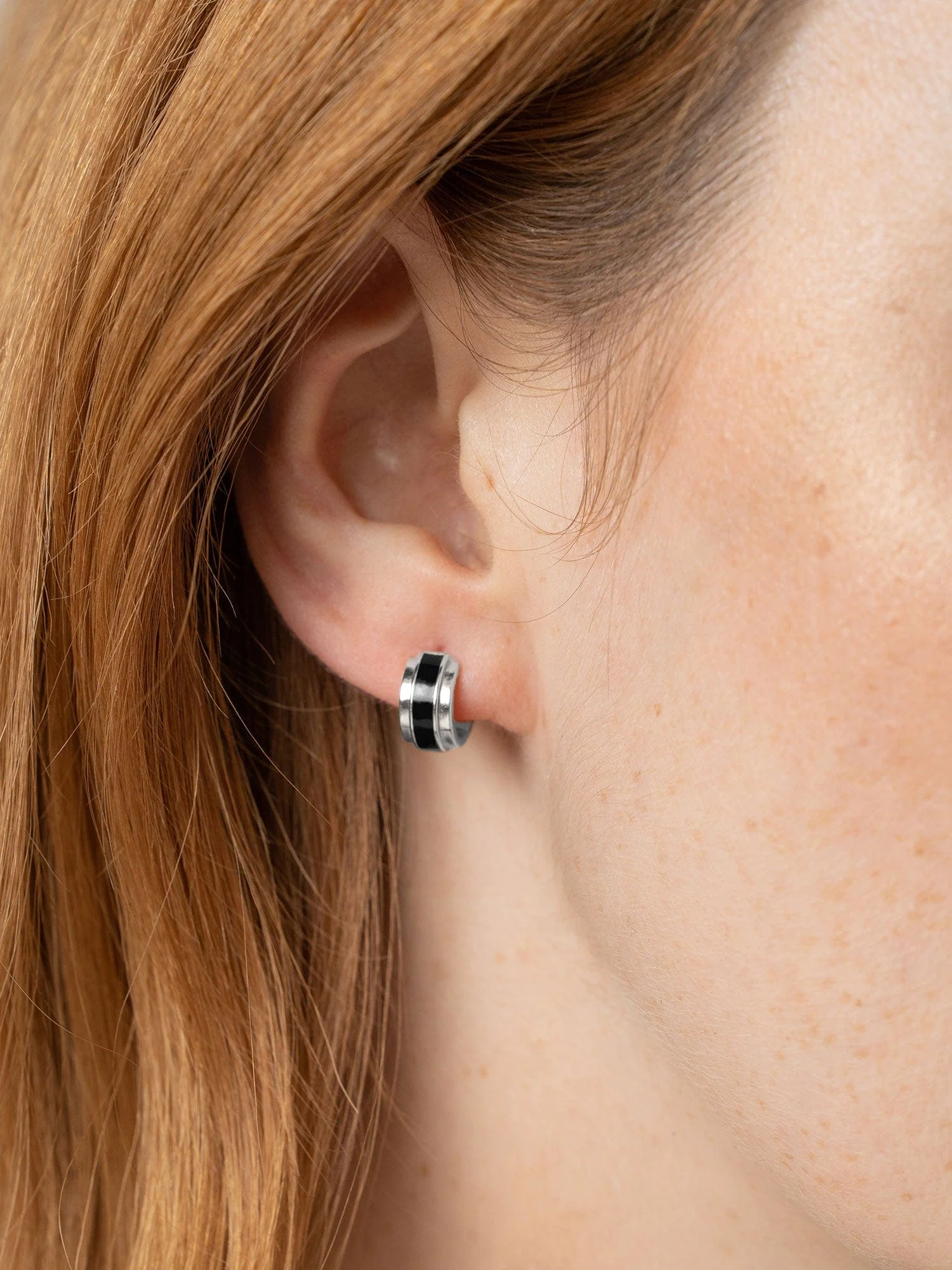 Enamel Stripe Huggie Earrings - Silver/Black - Image 4