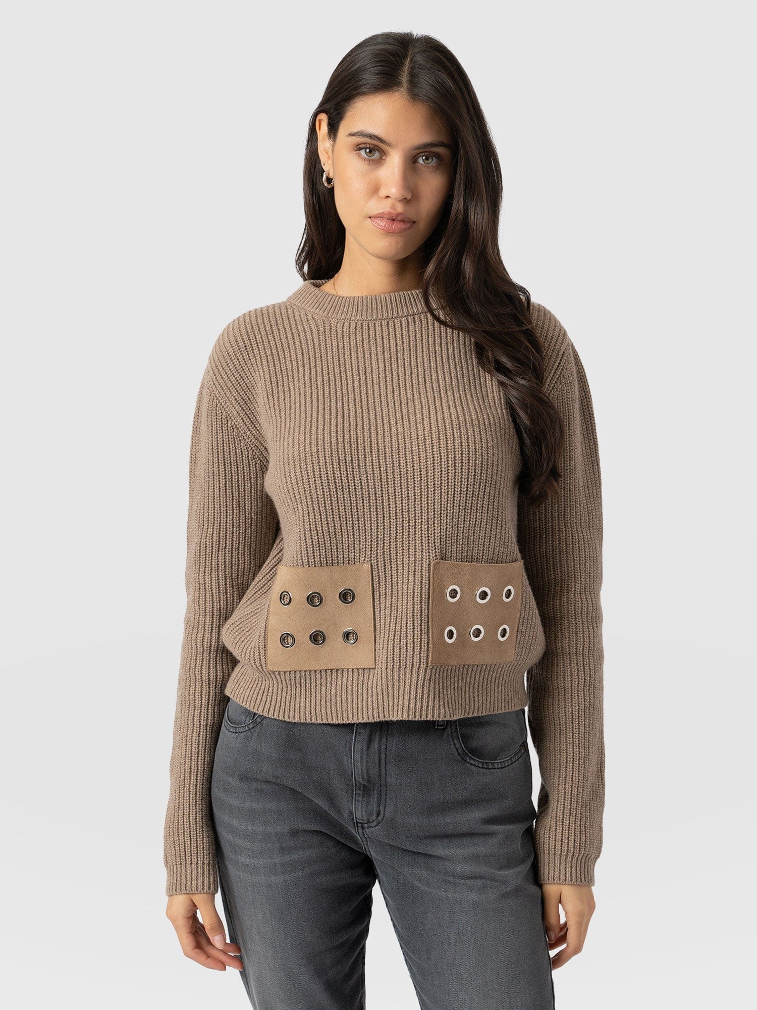 Eyelet Rib Knit Jumper - Mocha - Image 2