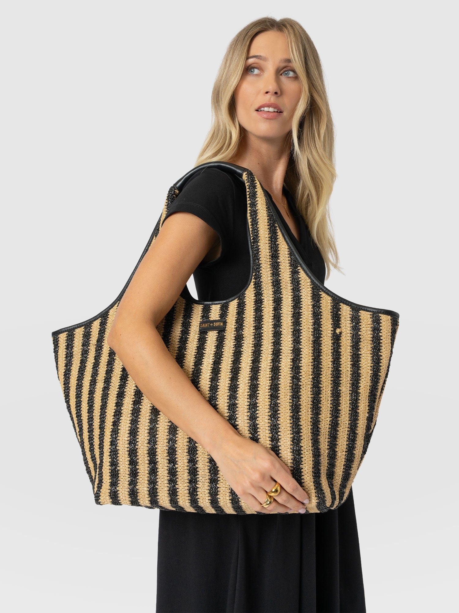 Large Stella Shoulder Tote Bag - Black Raffia - Image 6