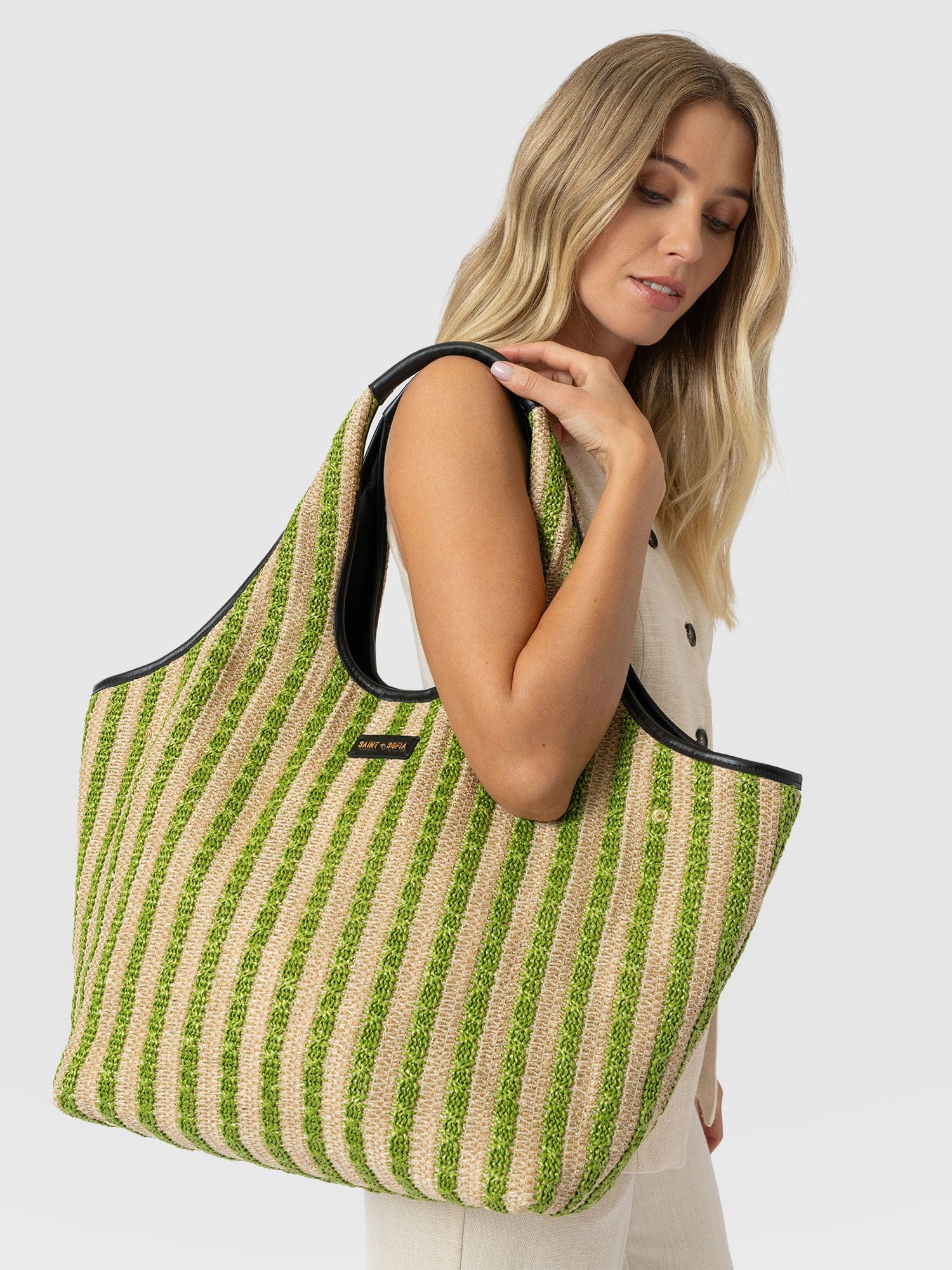 Large Stella Shoulder Tote Bag - Green Raffia - Image 6