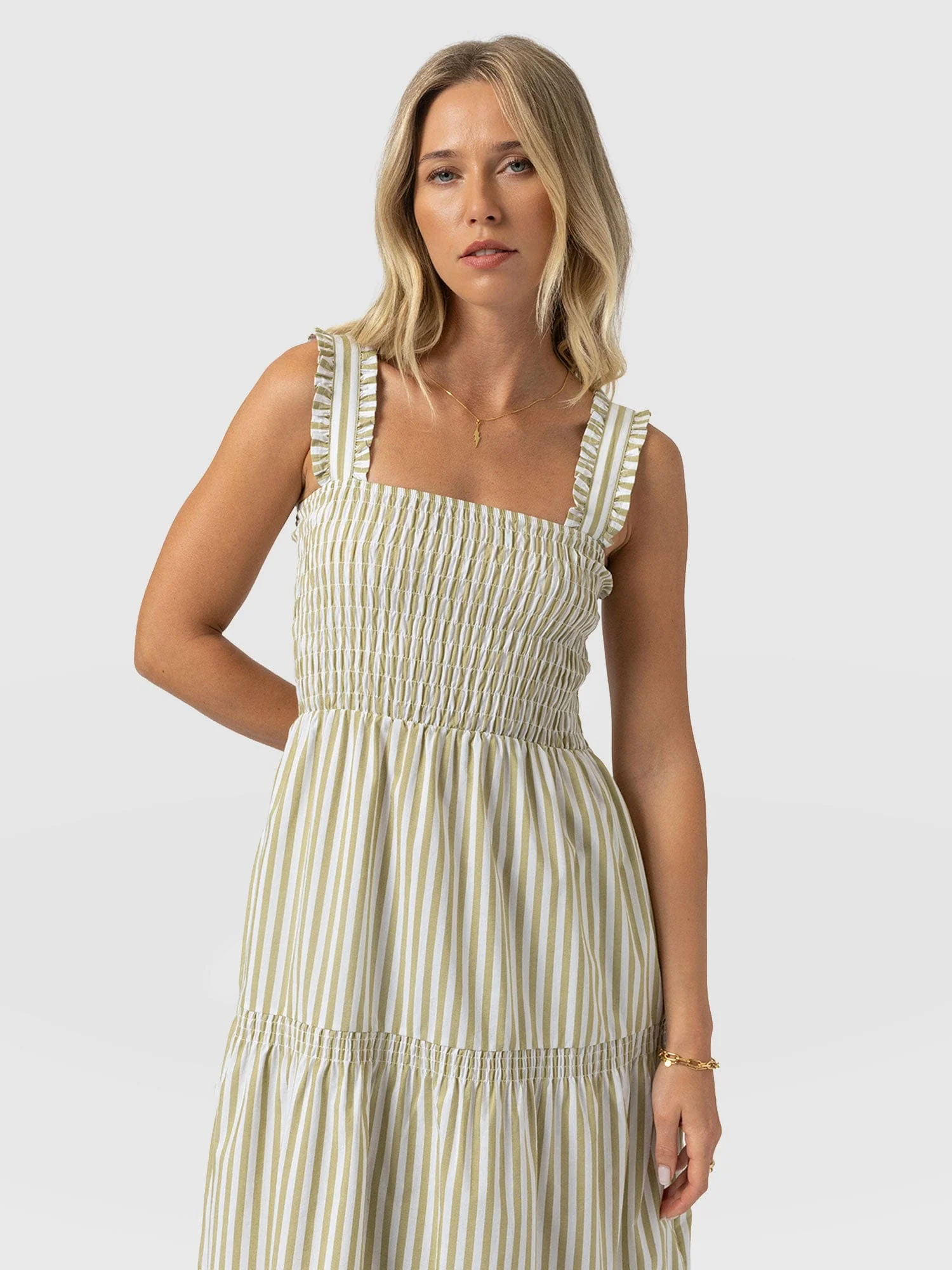 Maya Shirring Dress - Green Stripe - Image 3
