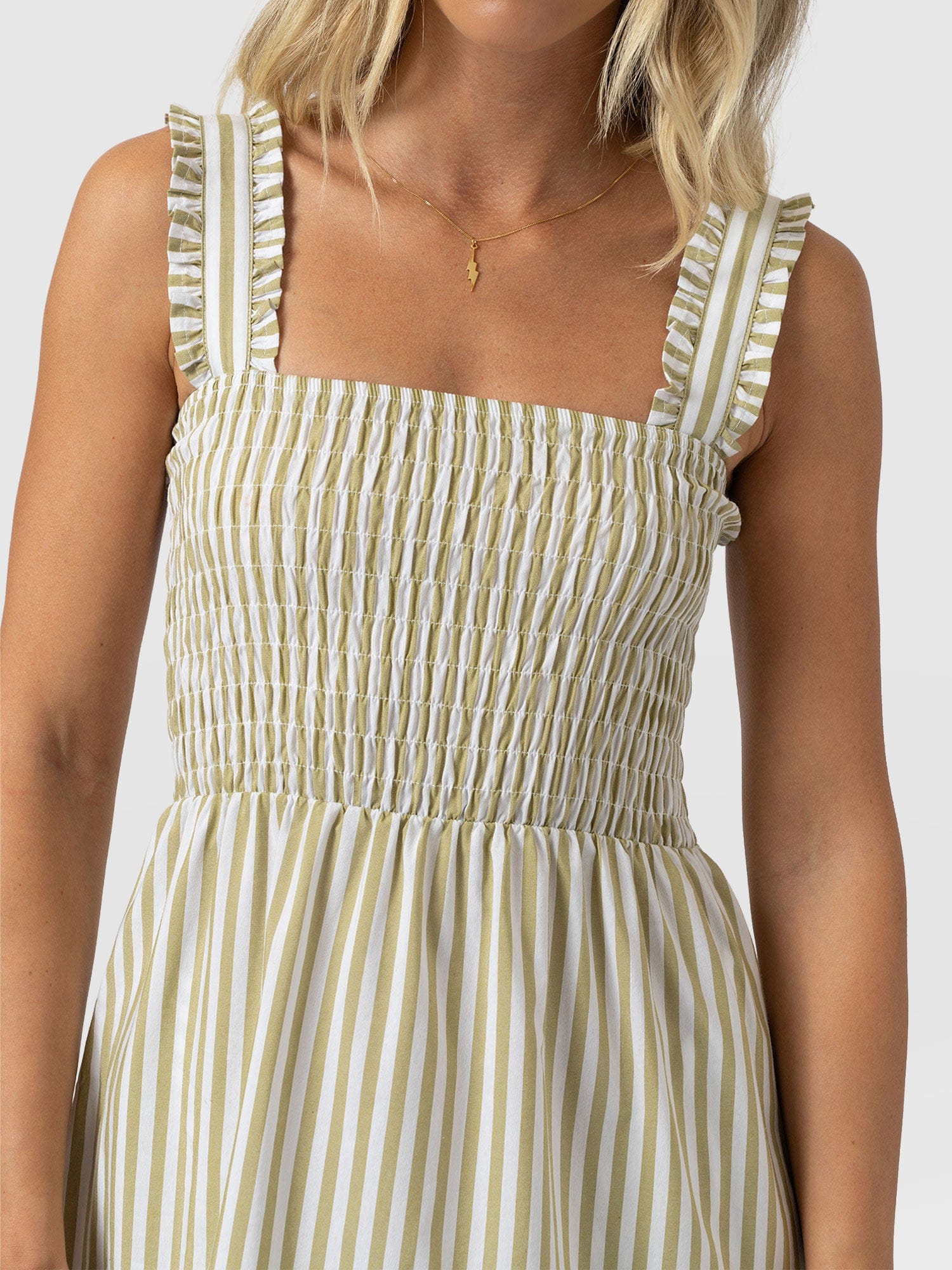 Maya Shirring Dress - Green Stripe - Image 4