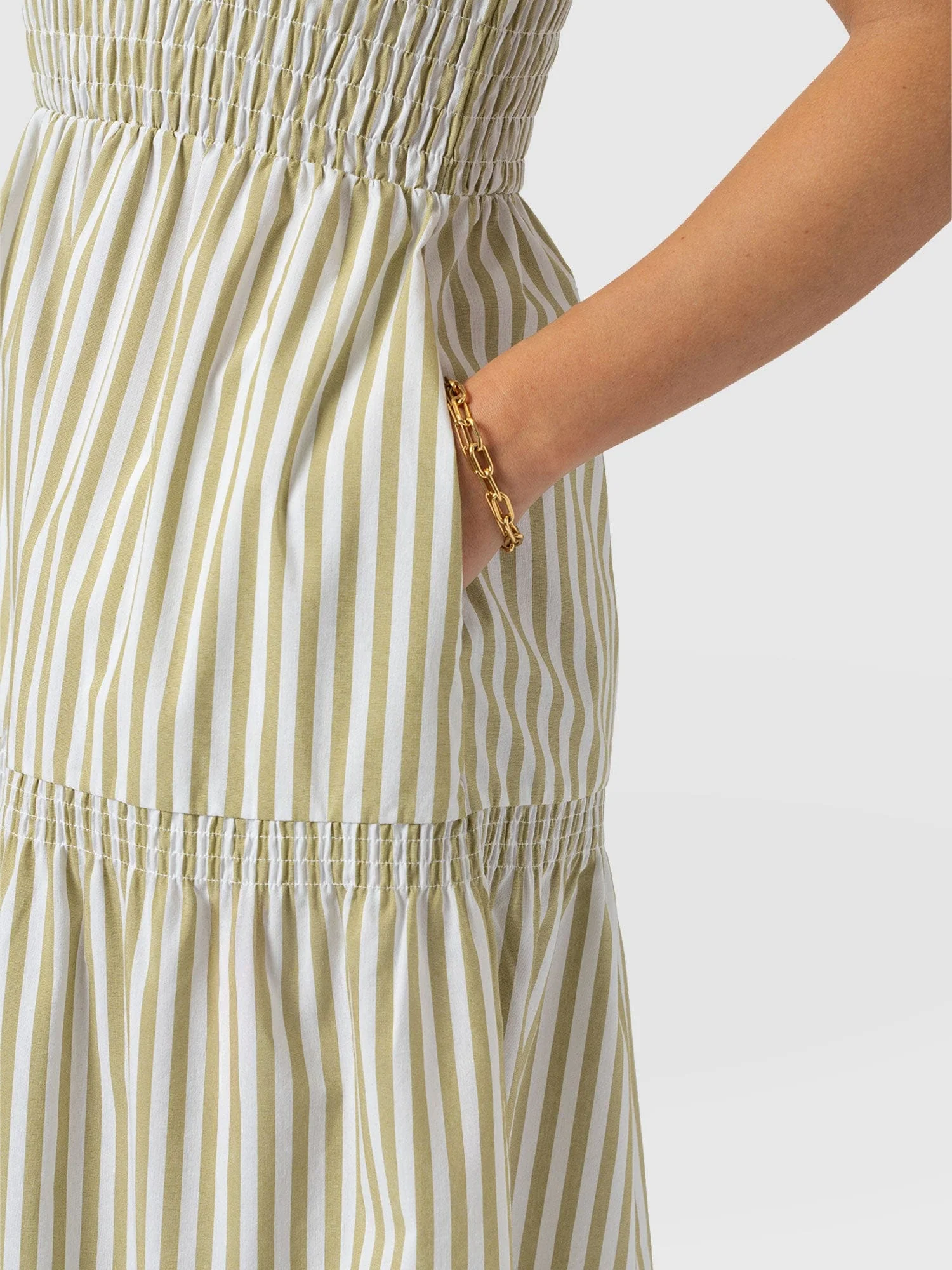 Maya Shirring Dress - Green Stripe - Image 5
