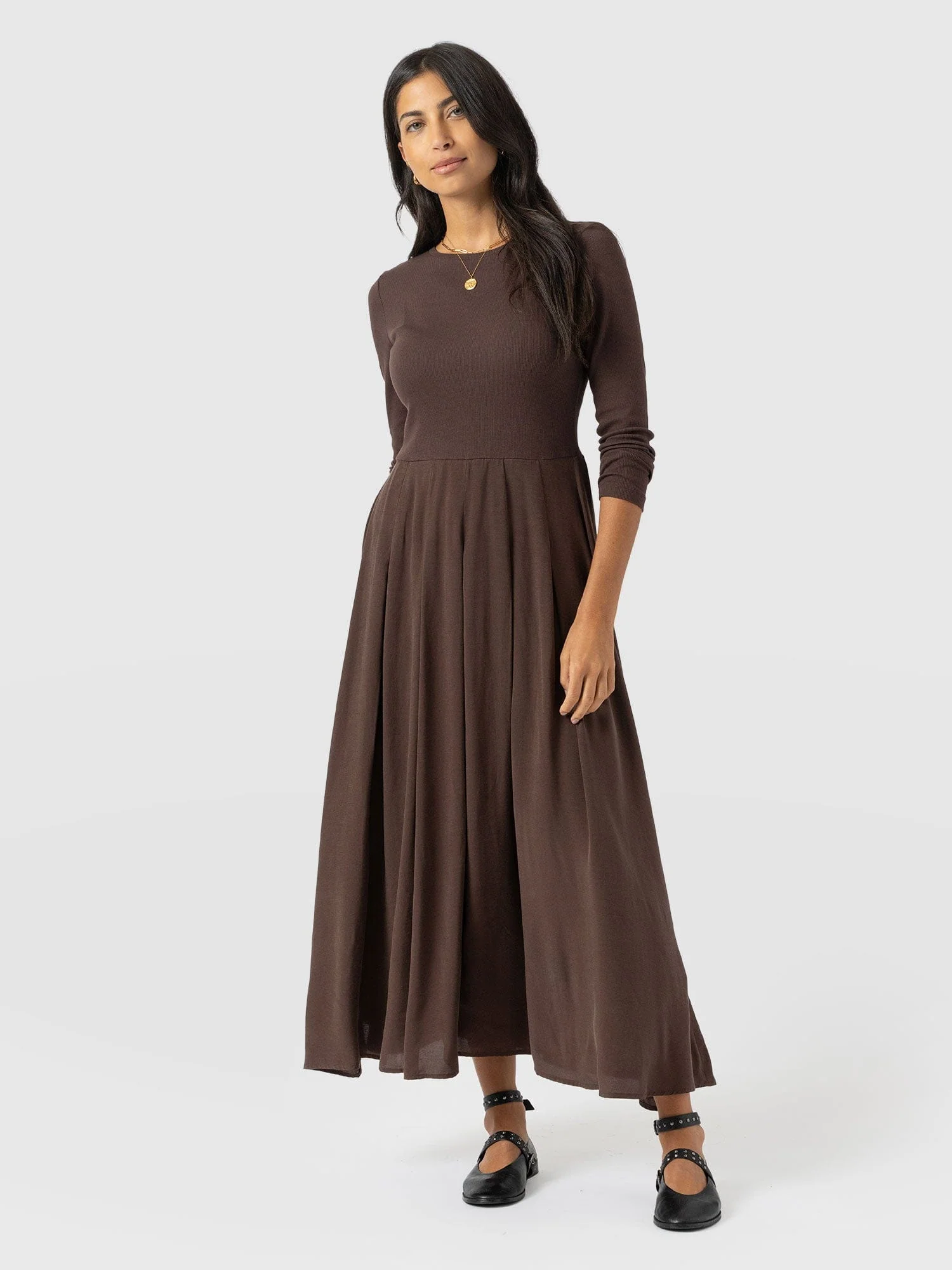 Renee Contrast Long Sleeve Dress - Brown - Image 3