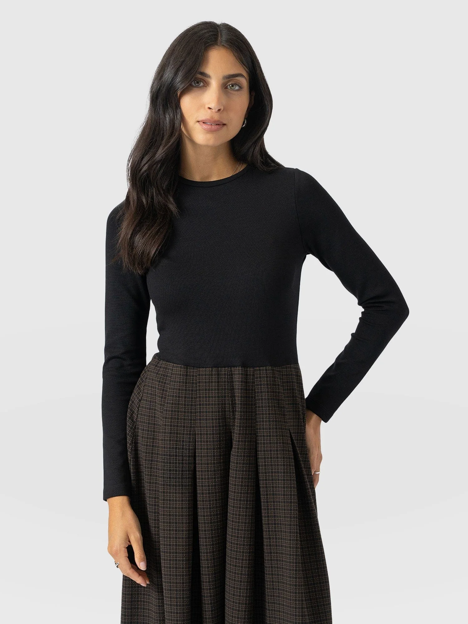 Renee Contrast Long Sleeve Dress - Brown Check - Image 3