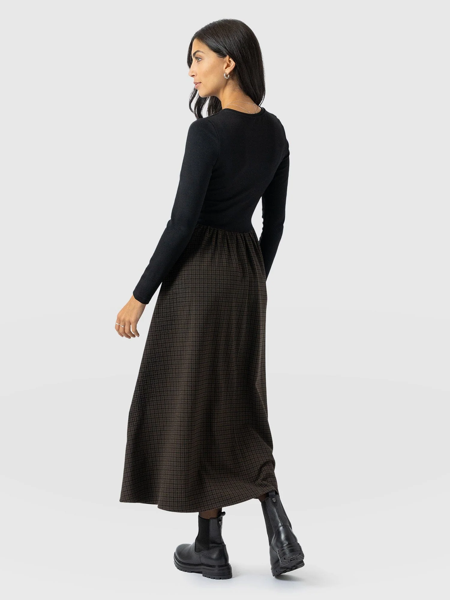 Renee Contrast Long Sleeve Dress - Brown Check - Image 6