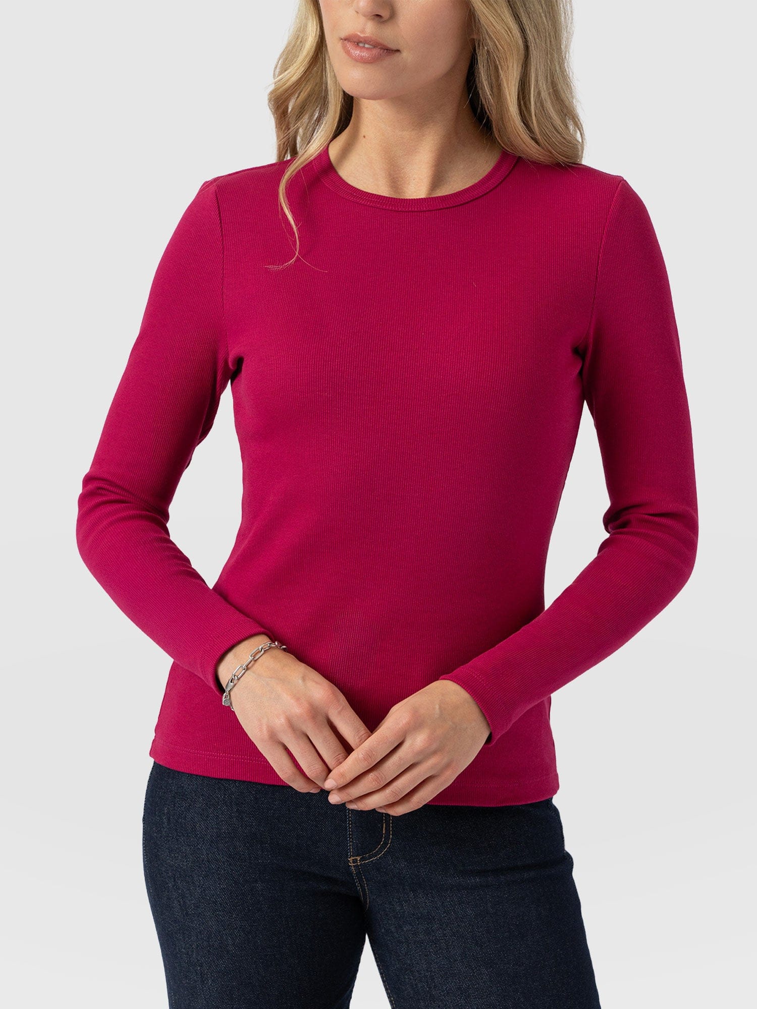 Ribbed Long Sleeve Tee - Fuchsia Pink - Image 4
