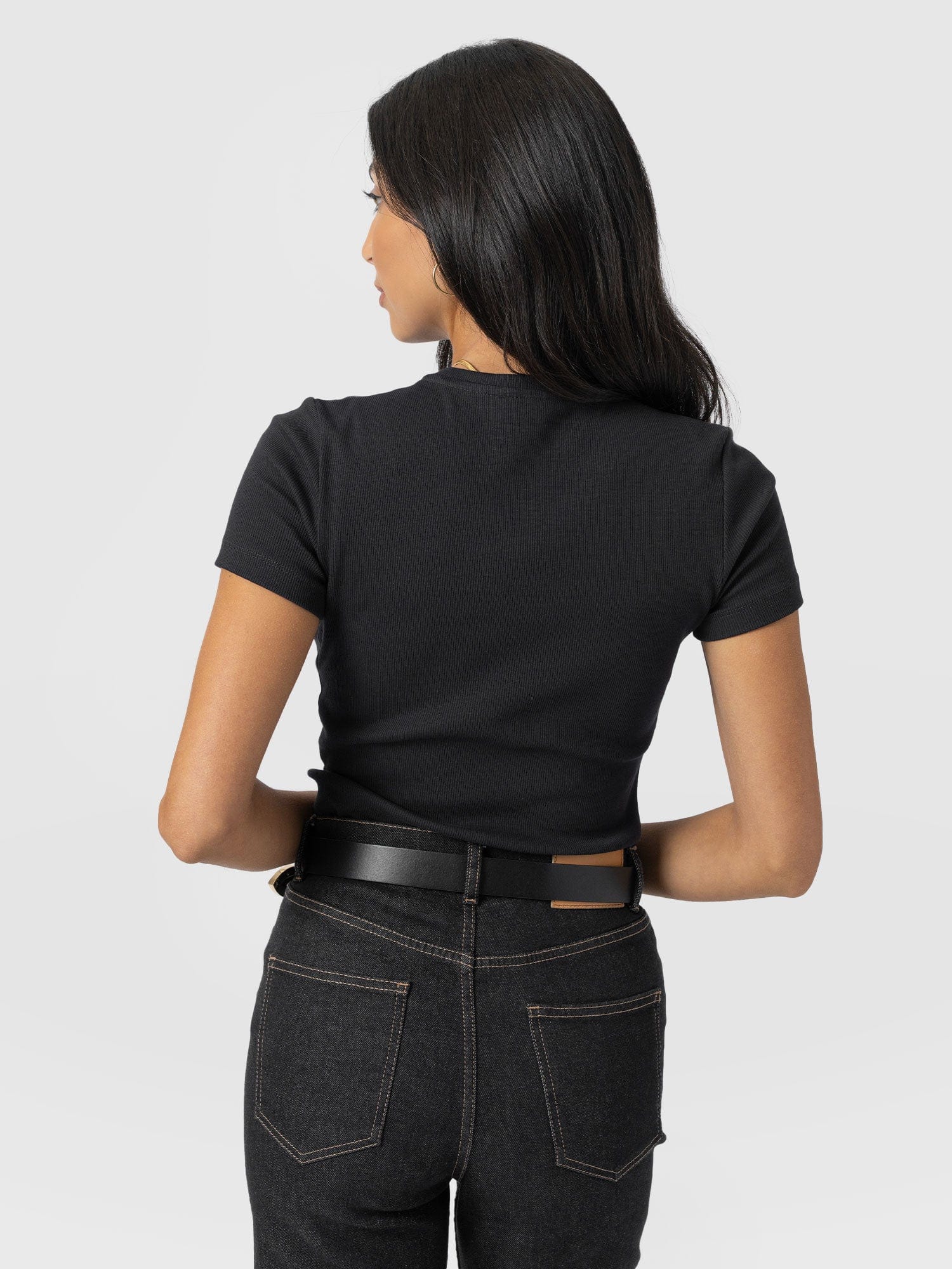 Ribbed Short Sleeve Tee - Black - Image 6