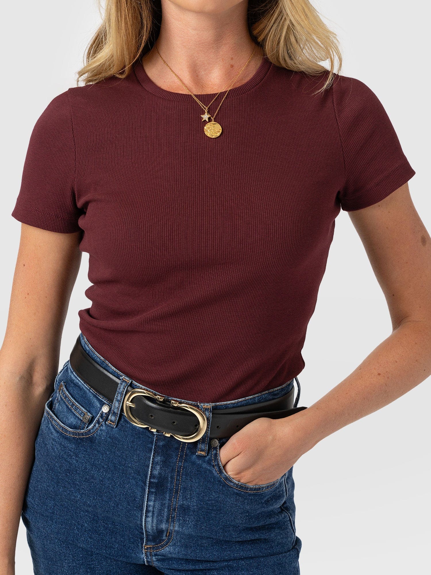 Ribbed Short Sleeve Tee - Burgundy - Image 3