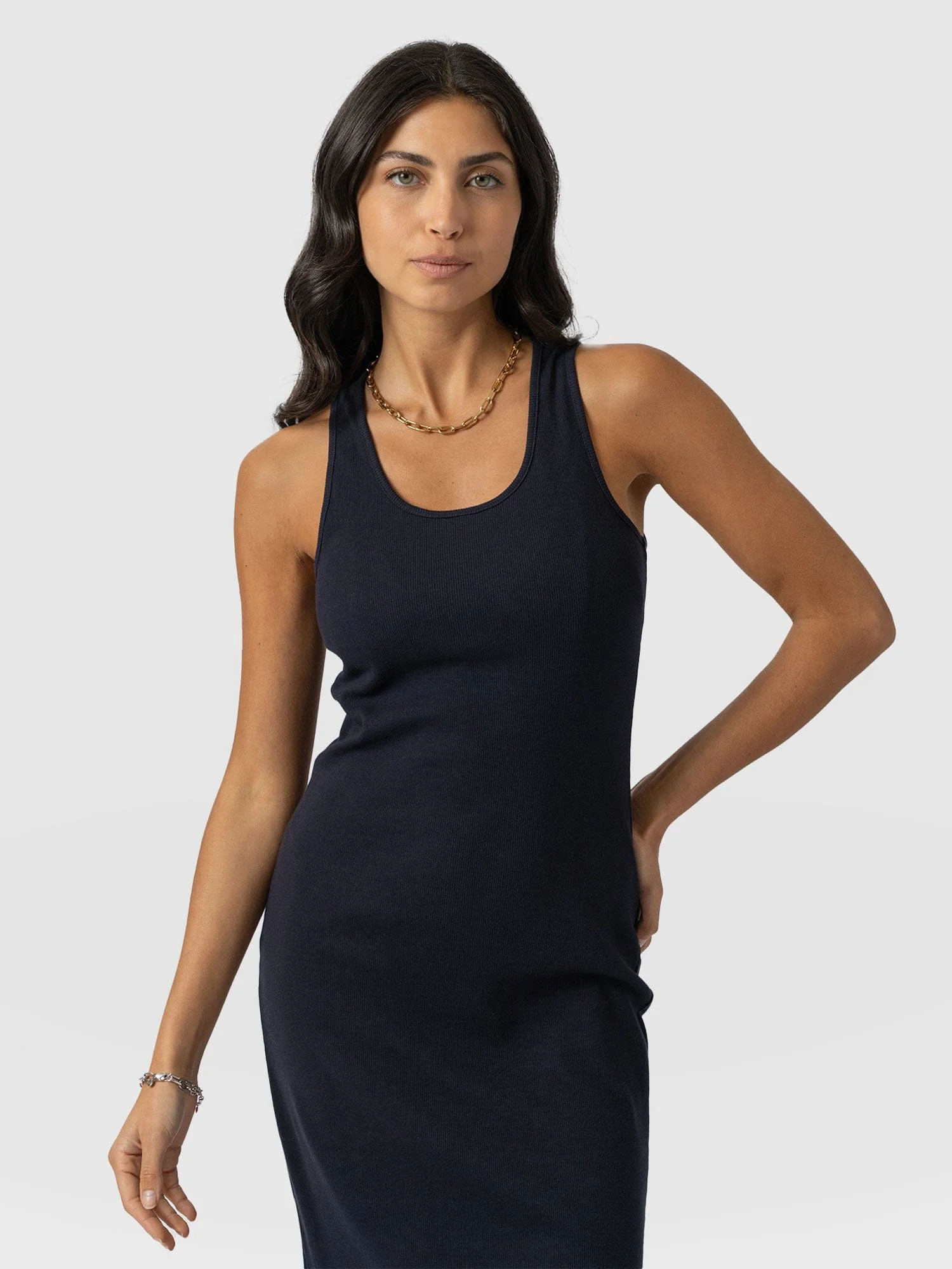Sleeveless Rib Dress - Navy - Image 3