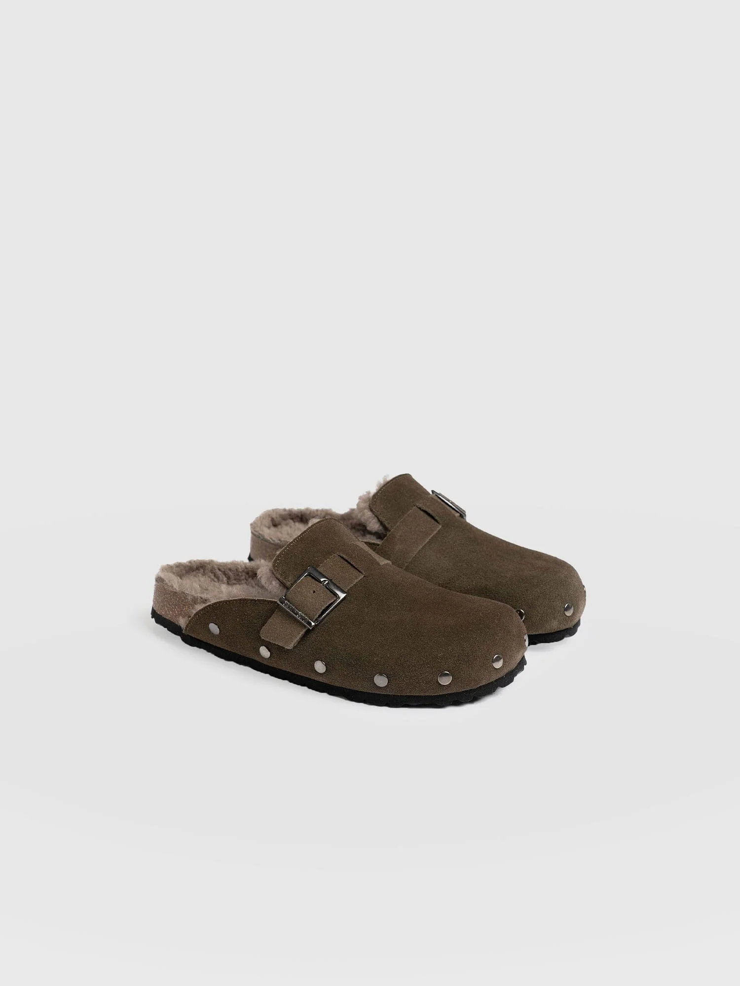 Studded Clogs - Khaki Shearling - Image 3