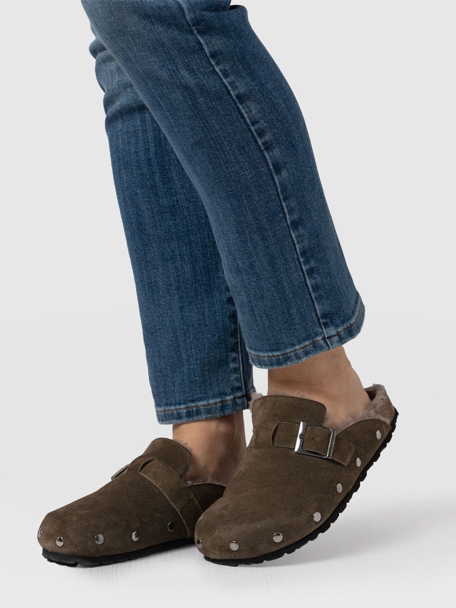 Studded Clogs - Khaki Shearling - Image 6