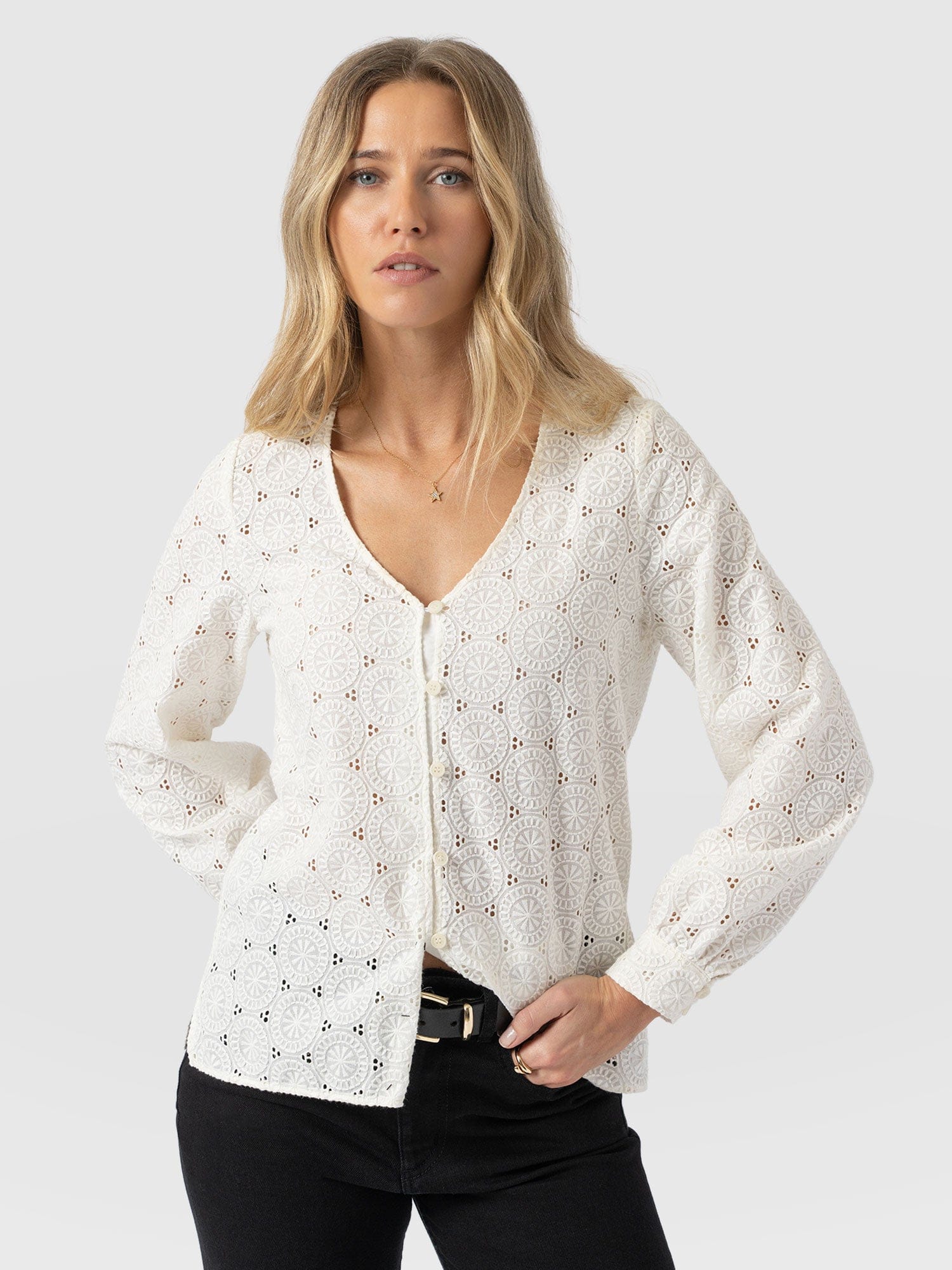 Tabitha V Neck Blouse - Cream Broderie - Image 4