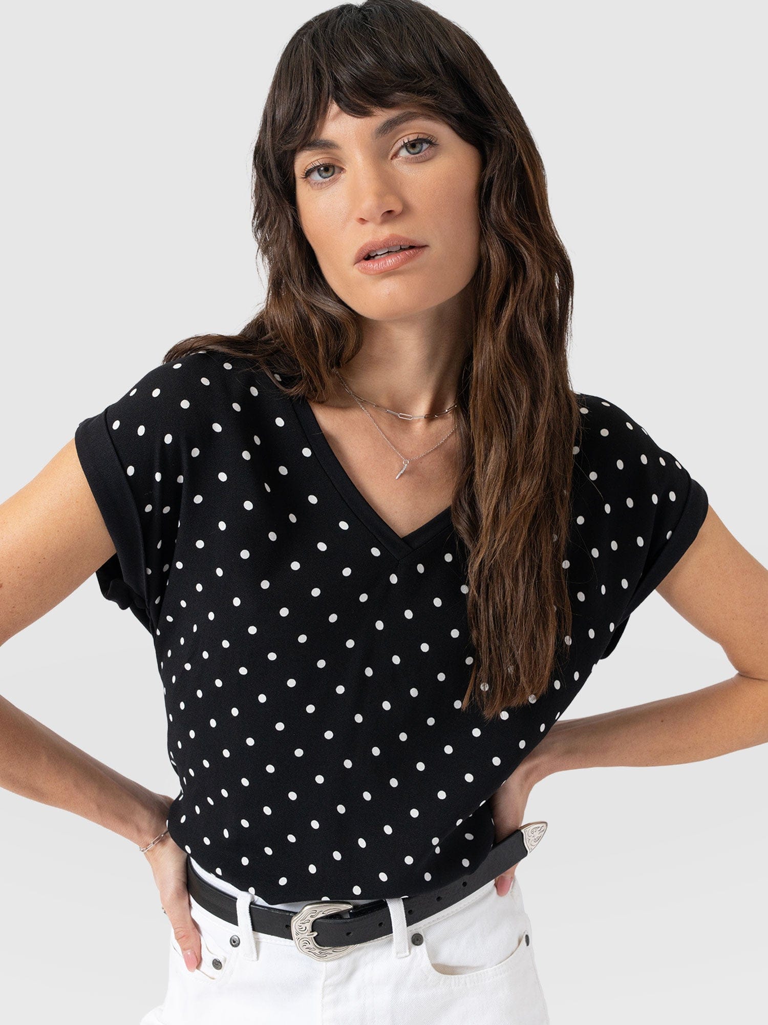 Turn Up Contrast V Neck Tee - Black Polka Dot - Image 3