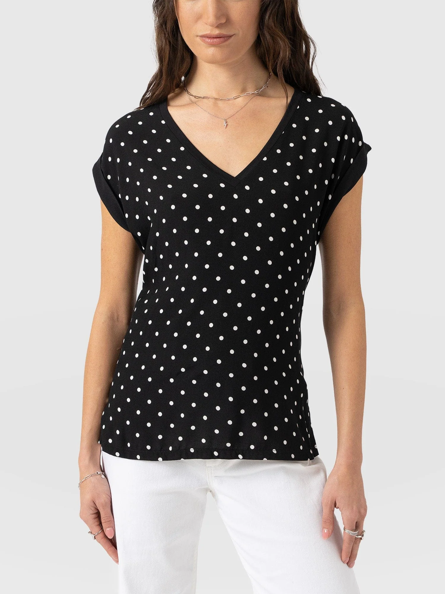 Turn Up Contrast V Neck Tee - Black Polka Dot - Image 4