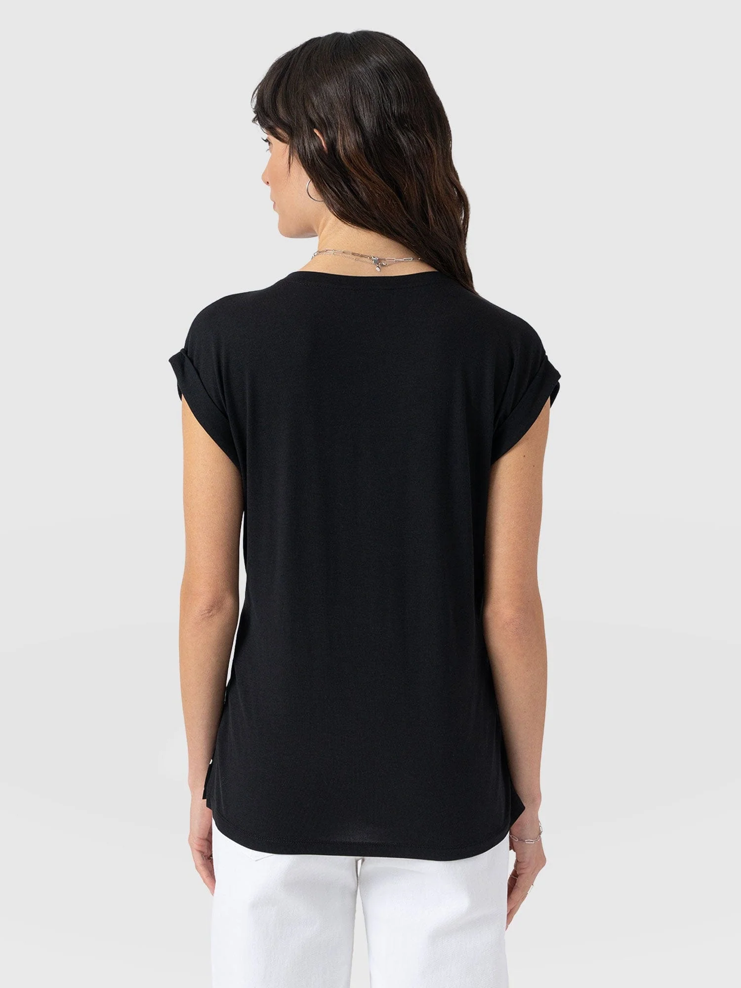 Turn Up Contrast V Neck Tee - Black Polka Dot - Image 6