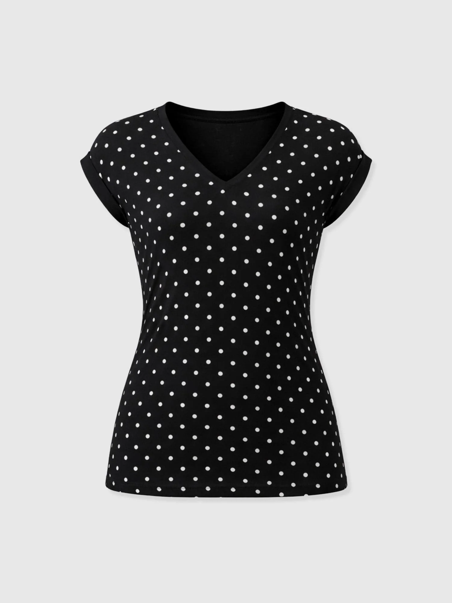 Turn Up Contrast V Neck Tee - Black Polka Dot - Image 7