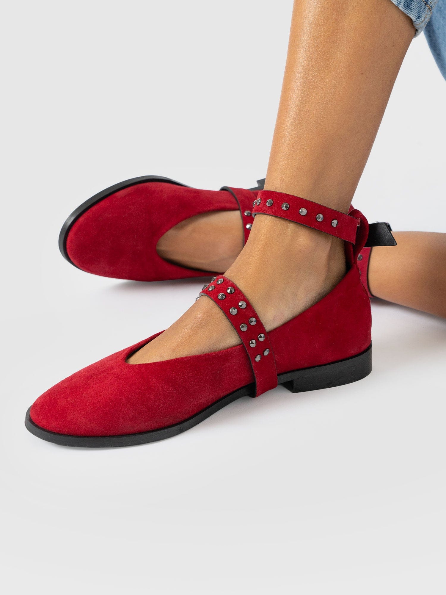 Vega Studded Ballerina Flats - Red Suede - Image 6