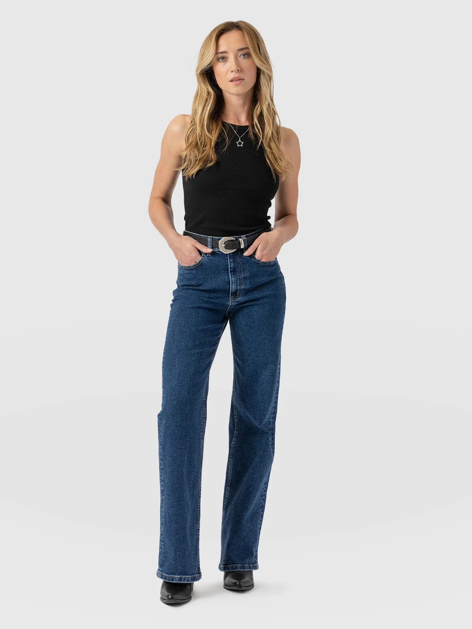 Wide Leg Jeans - Mid Blue